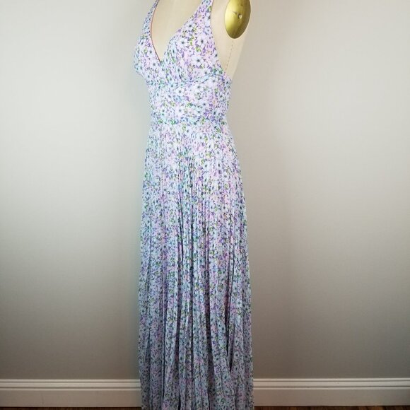 Laundry Pink & Blue Floral Pleated Chiffon Maxi Dress by Shelli Segal * Size 4 - Picture 6 of 13